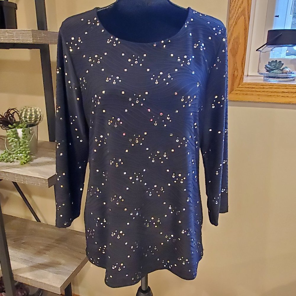 JM Collection Black Top with Silver Embellishments